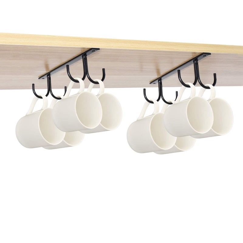 MOCOUM Under Cabinet Mug Rack, Rustic Mug Organizer Rack Cup Holder Under Shelf Hanging Hooks Rack for Mugs, Coffee Cups and Kitchen Utensils Display (Black-2 Pack-8 Hooks) - Image 2